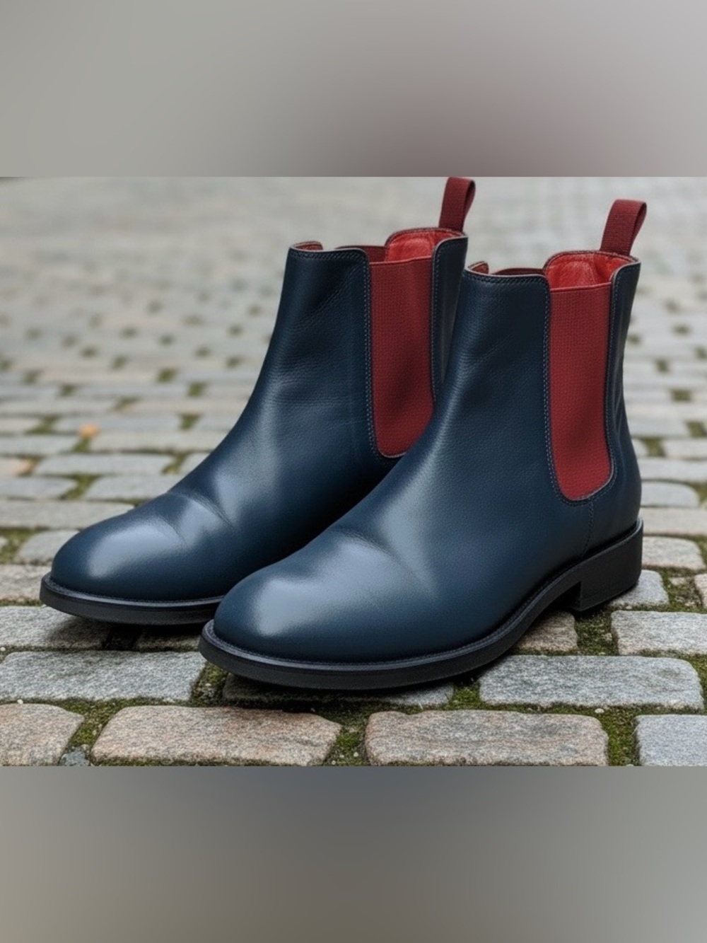 Women’s Navy Leather Chelsea Boots with Red Elastic Panels